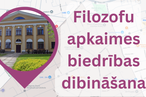 Karte ar kartes tapiņu, kas rāda uz klasisku, dzeltenu divstāvu ēku. Attēlā redzams uzraksts: Filozofu apkaimes biedrības dibināšana.
